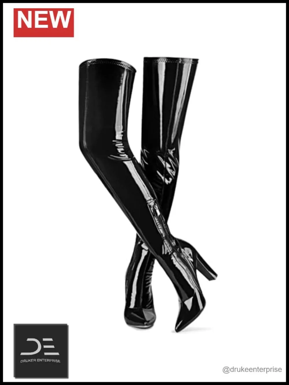 Womens Pointed Toe Chunky Heel Over Knee Thigh High Boots Patent Leather PU